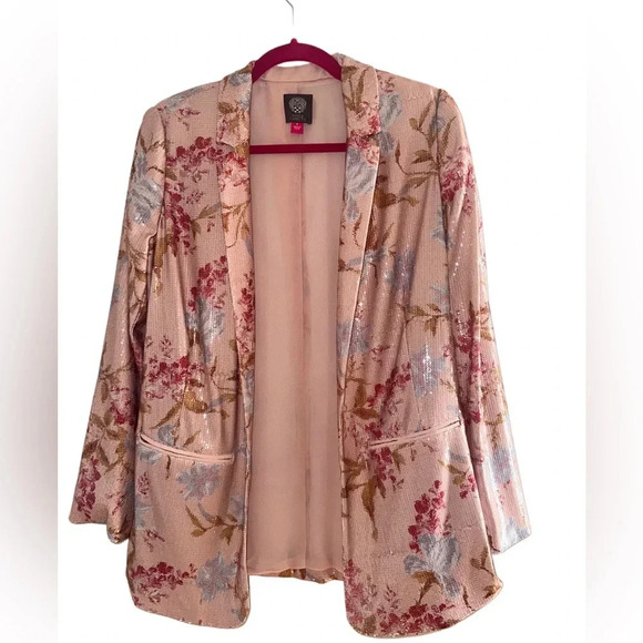 VINCE CAMUTO Sequin Floral Open Blazer light Pink Bellini Womens Size 4 - Picture 1 of 7